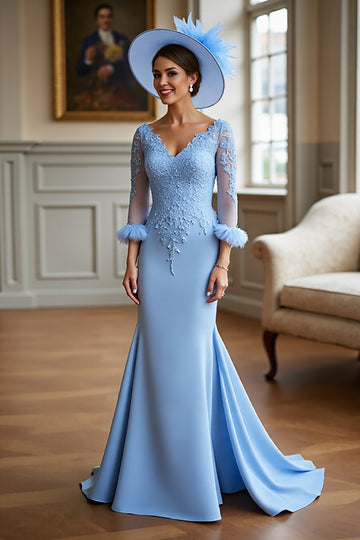 Sky Blue Mermaid Appliqued Fringed Mother Of The Bride Dress